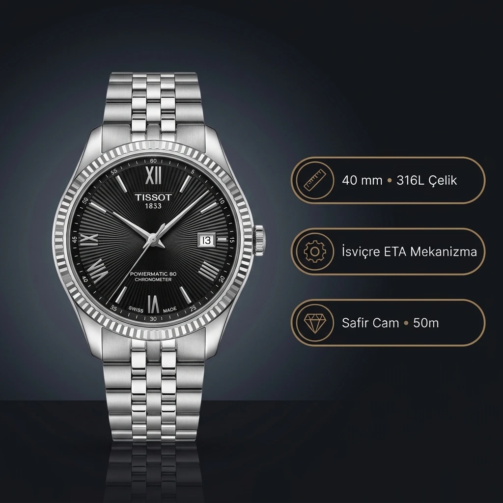 Tissot Ballade Powermatic 80 T156.408.11.053.00 Siyah Dokulu Kadran Fluted Bezel Çelik Bilezik Super Clone ETA Saat