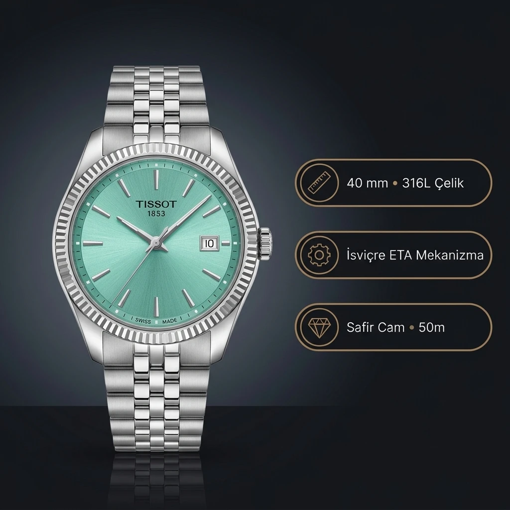 Tissot Ballade T156.210.11.091.00 Turkuaz Tiffany Yeşil Kadran Fluted Bezel Jubilee Çelik Bilezik Super Clone ETA Saat