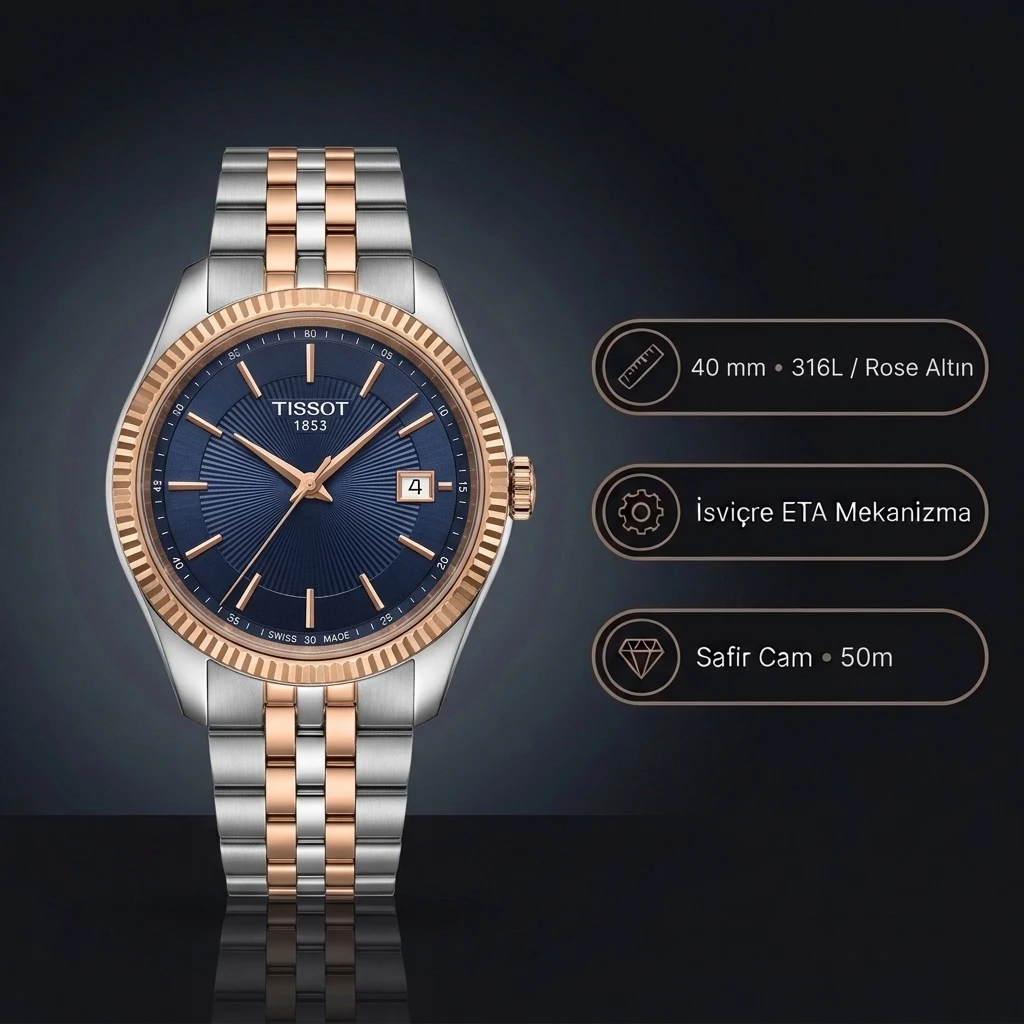 Tissot Ballade T156.210.22.041.00 Lacivert Mavi Kadran Two Tone Rose Gold Jubilee Çelik Bilezik Super Clone ETA Saat