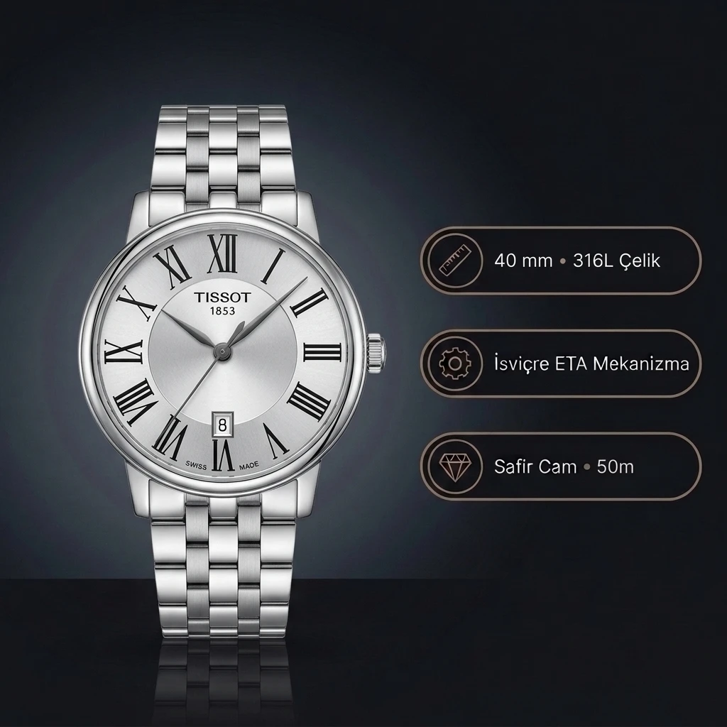 Tissot Carson Premium T122.410.11.033.00 Gümüş Beyaz Roma Rakamlı Kadran 40 mm Çelik Bilezik Super Clone ETA Saat