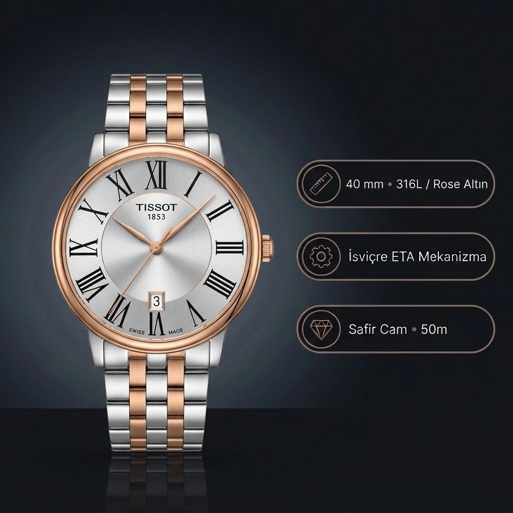 Tissot Carson Premium T122.410.22.033.00 Gümüş Roma Rakamlı Kadran Two Tone Rose Gold Çelik Bilezik Super Clone ETA Saat