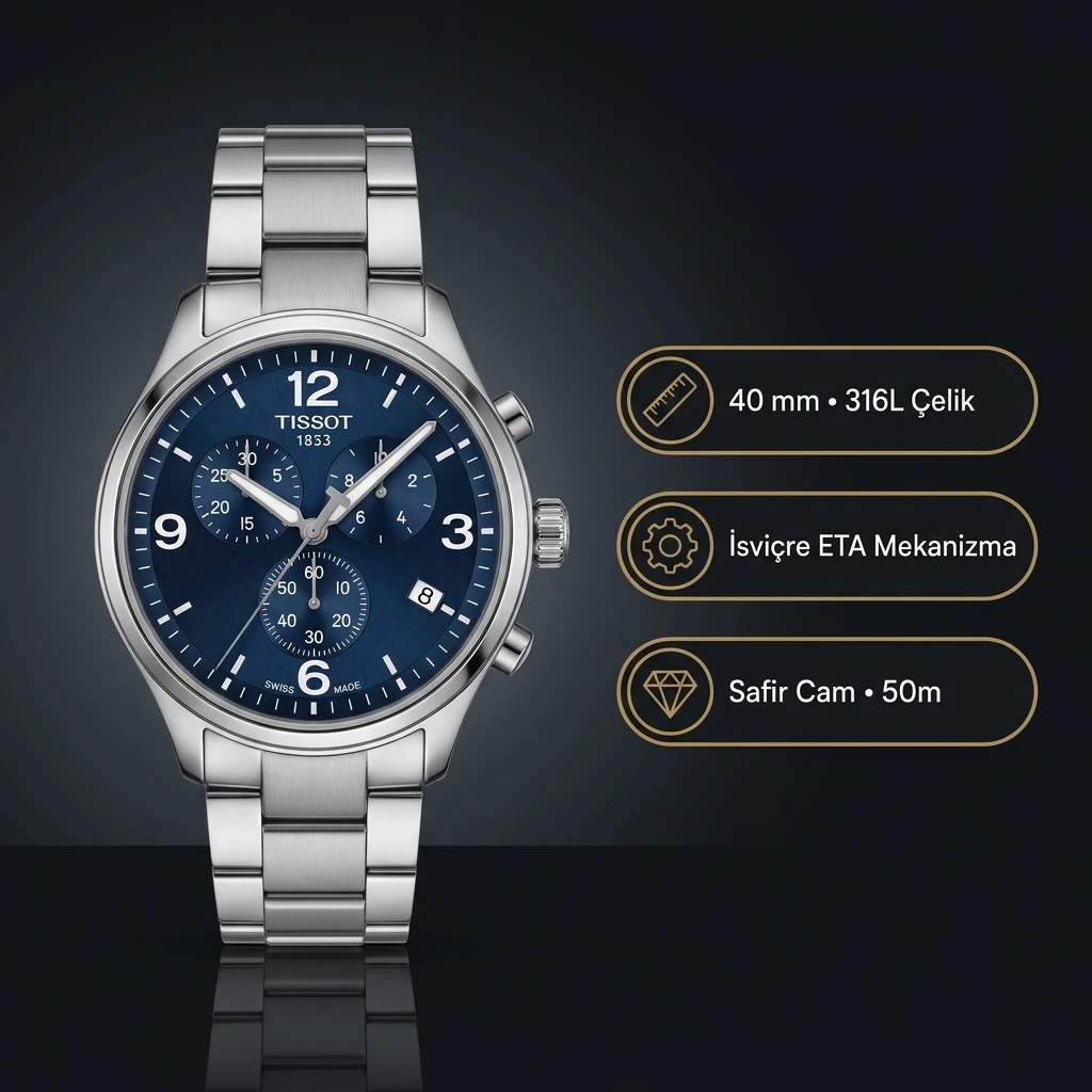 Tissot Chrono XL Classic T116.617.11.041.00 Lacivert Mavi Kadran Kronograf Çelik Bilezik Super Clone ETA Saat