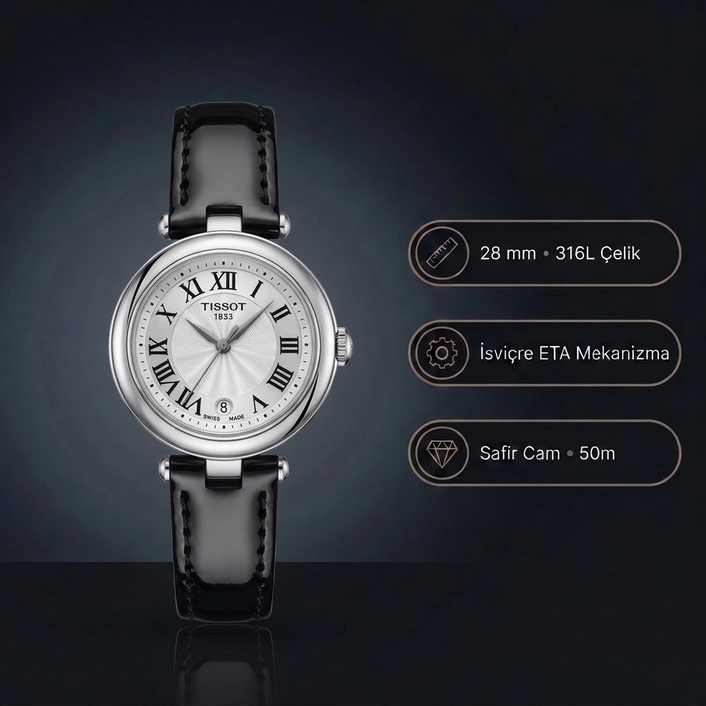 Tissot Desir T152.010.16.038.00 28 MM Gümüş Guilloche Roma Rakamlı Kadran Siyah Deri Kordon Bayan Super Clone ETA Saat