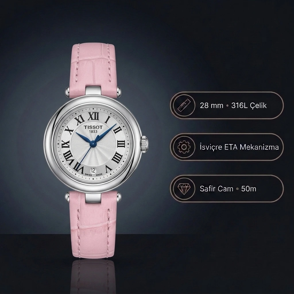 Tissot Desir T152.010.16.038.01 28 MM Gümüş Guilloche Roma Rakamlı Kadran Pembe Deri Kordon Bayan Super Clone ETA Saat