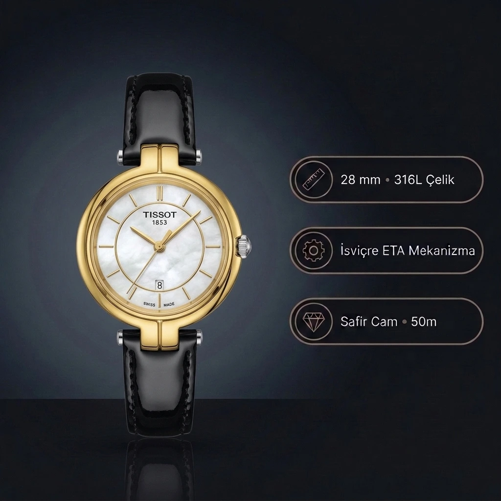 Tissot Desir T152.010.36.118.00 28 MM Beyaz Sedef Kadran Sarı Altın Kasa Siyah Deri Kordon Bayan Super Clone ETA Saat