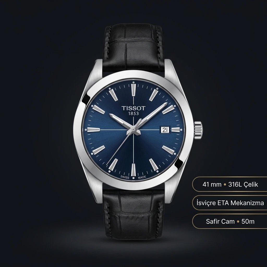 Tissot Gentleman Mavi Kadran Siyah Deri Eta Saat
