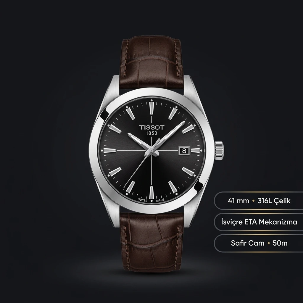 Tissot Gentleman Siyah Kadran Kahve Deri Eta Saat