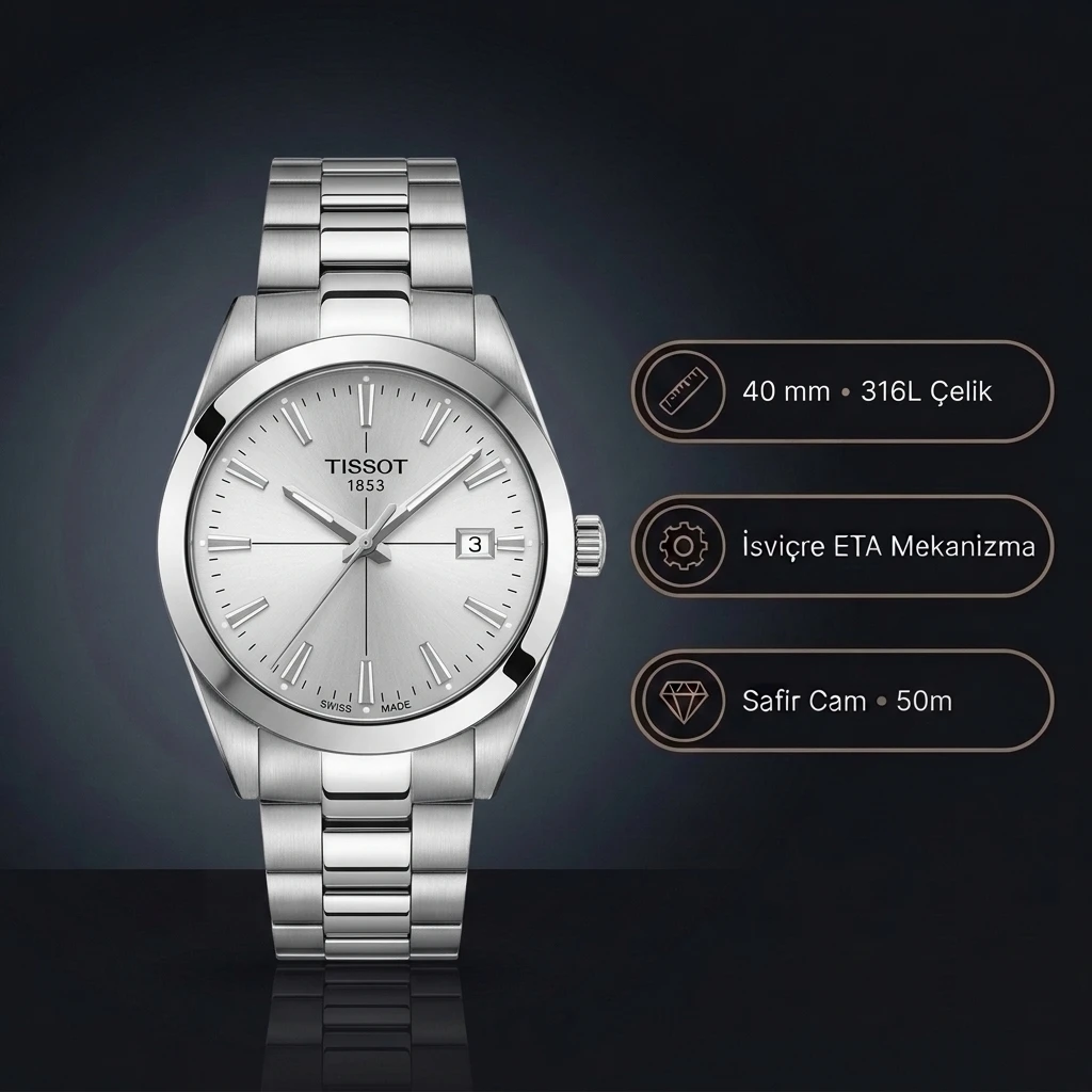 Tissot Gentleman T127.410.11.031.00 Gümüş Beyaz Kadran 40 mm Çelik Bilezik Super Clone ETA Saat