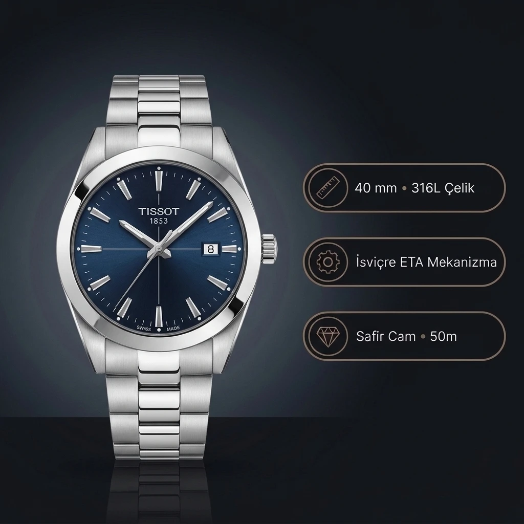 Tissot Gentleman T127.410.11.041.00 Lacivert Mavi Kadran 40 mm Çelik Bilezik Super Clone ETA Saat