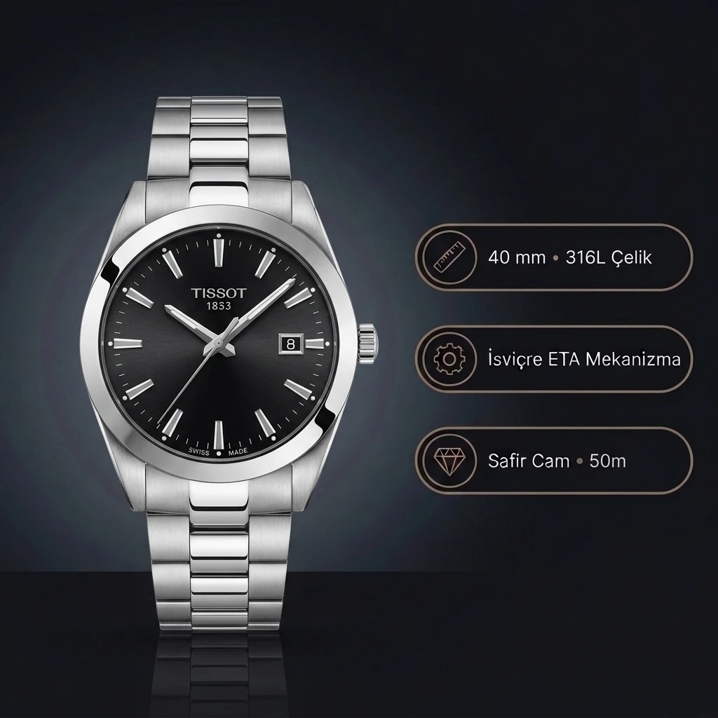 Tissot Gentleman T127.410.11.051.00 Siyah Kadran 40 mm Çelik Bilezik Super Clone ETA Saat