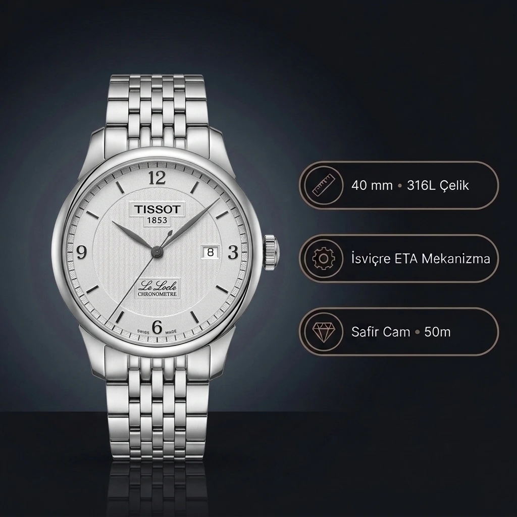 Tissot Le Locle Chronometre T006.408.11.037.00 Beyaz Gümüş Kadran Otomatik Çelik Bilezik Super Clone ETA Saat