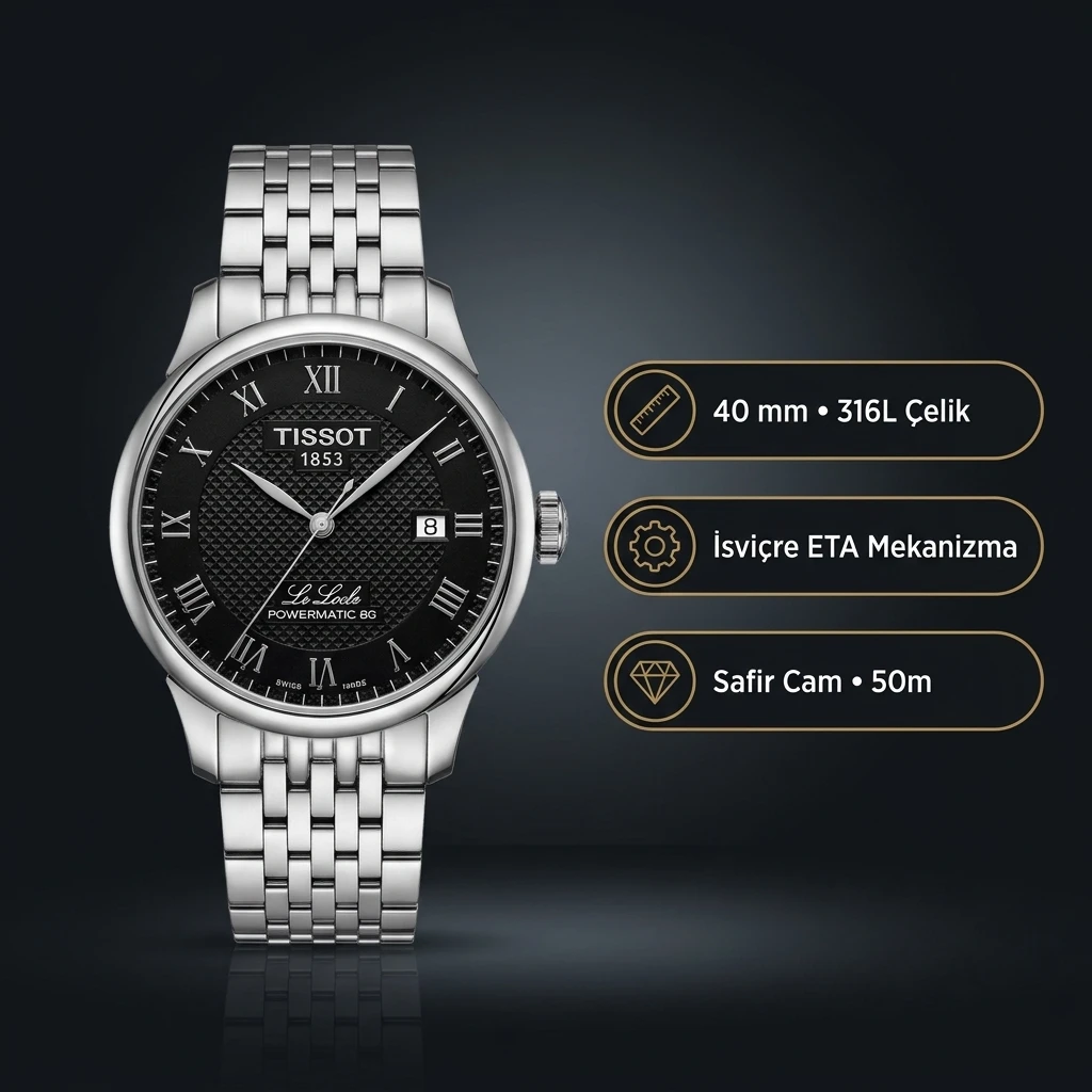 Tissot Le Locle Powermatic 80 T006.407.11.053.00 Siyah Roma Rakamlı Kadran Otomatik Çelik Bilezik Super Clone ETA Saat