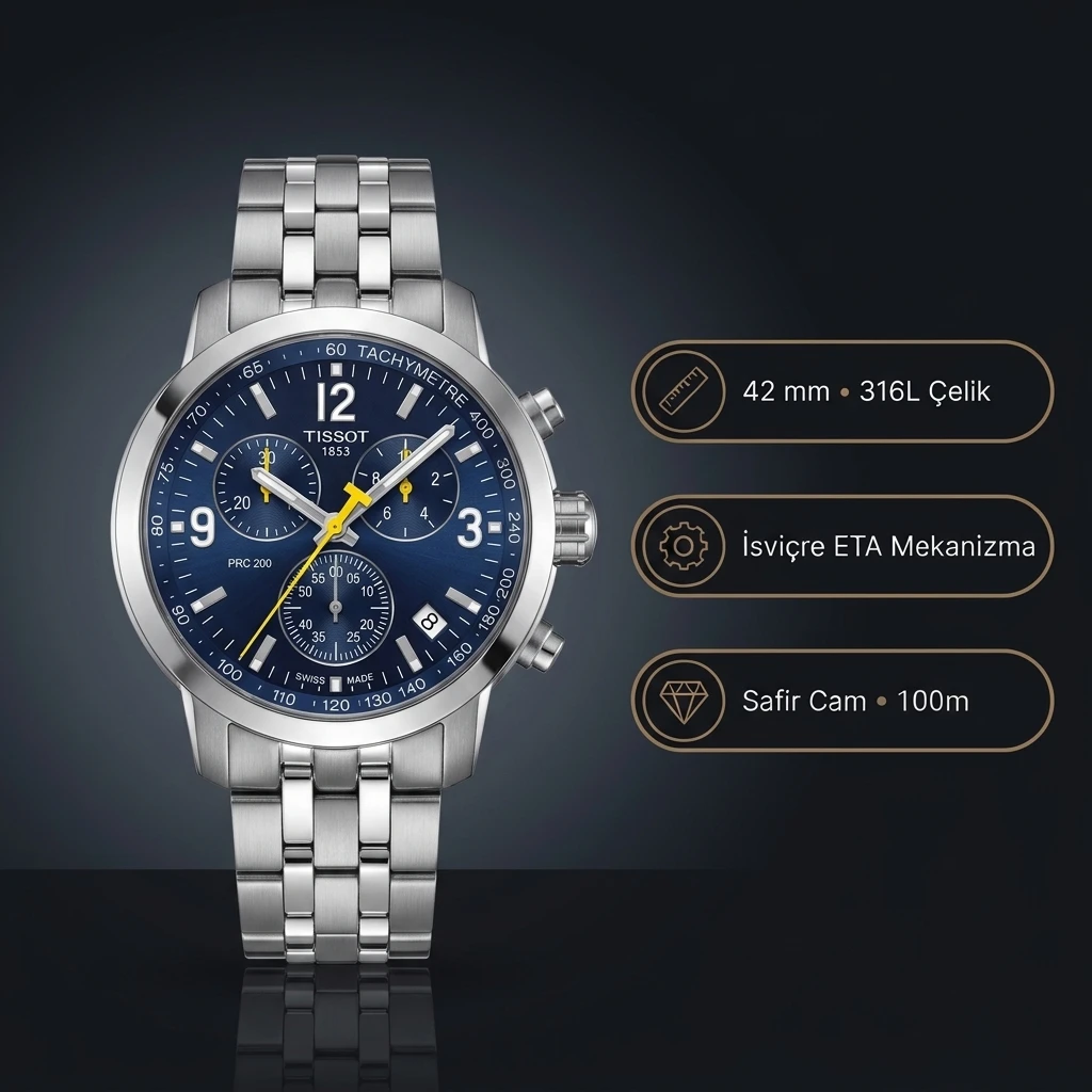 Tissot PRC 200 Chronograph T114.417.11.047.00 Lacivert Mavi Kadran Çelik Bilezik Super Clone ETA Saat