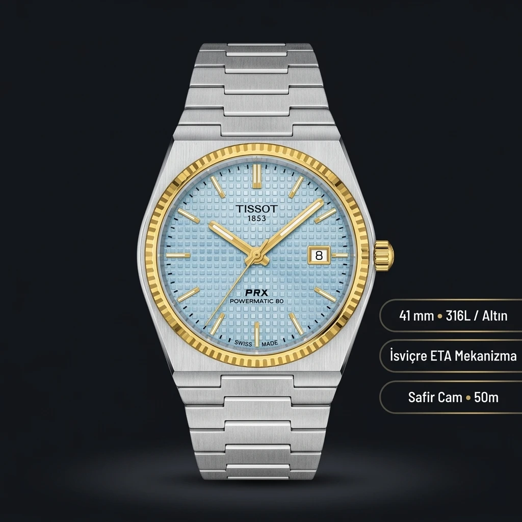 Tissot PRX Buz Mavisi Altın Bezel Çelik Eta Saat