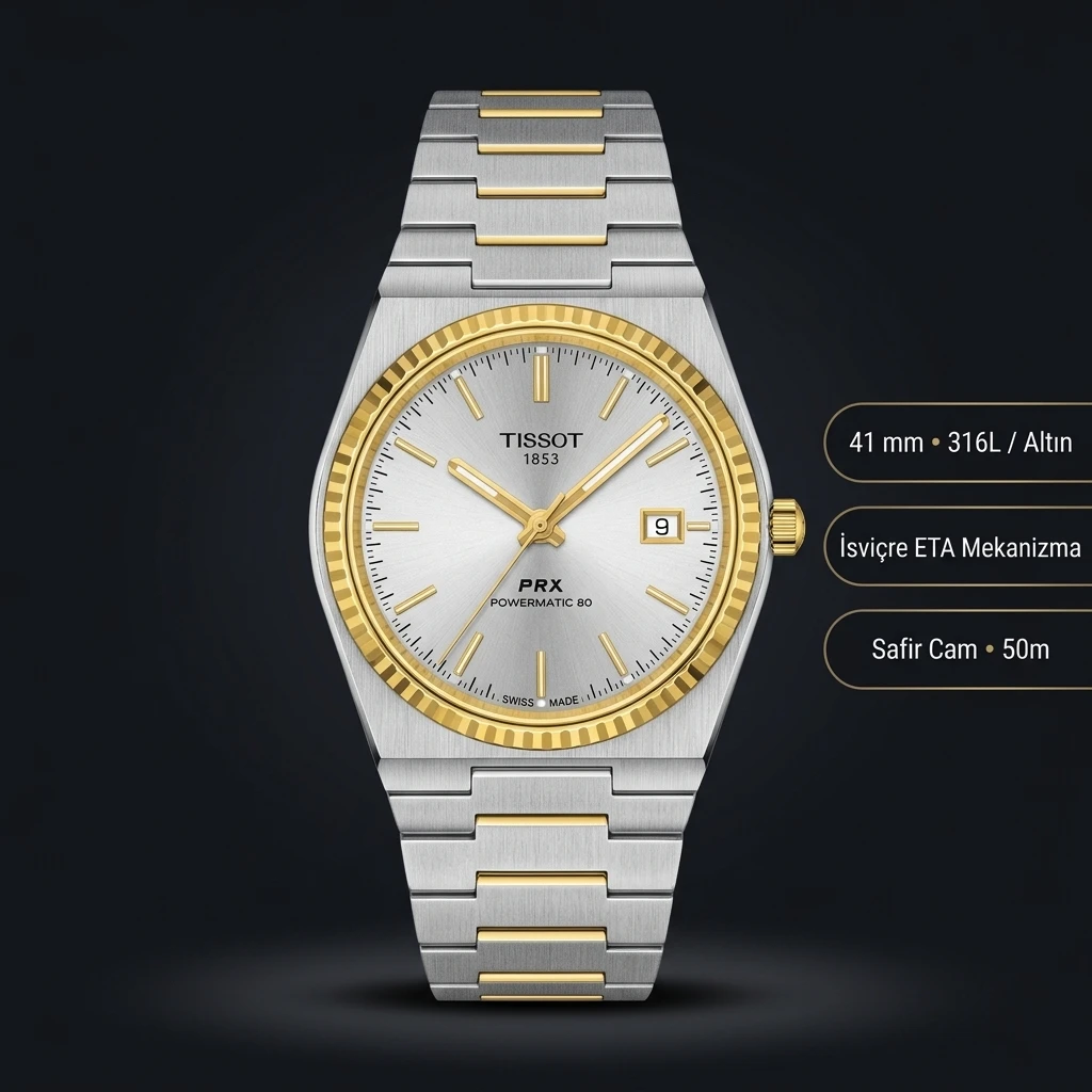 Tissot PRX Gümüş Altın Fluted Bezel Eta Saat