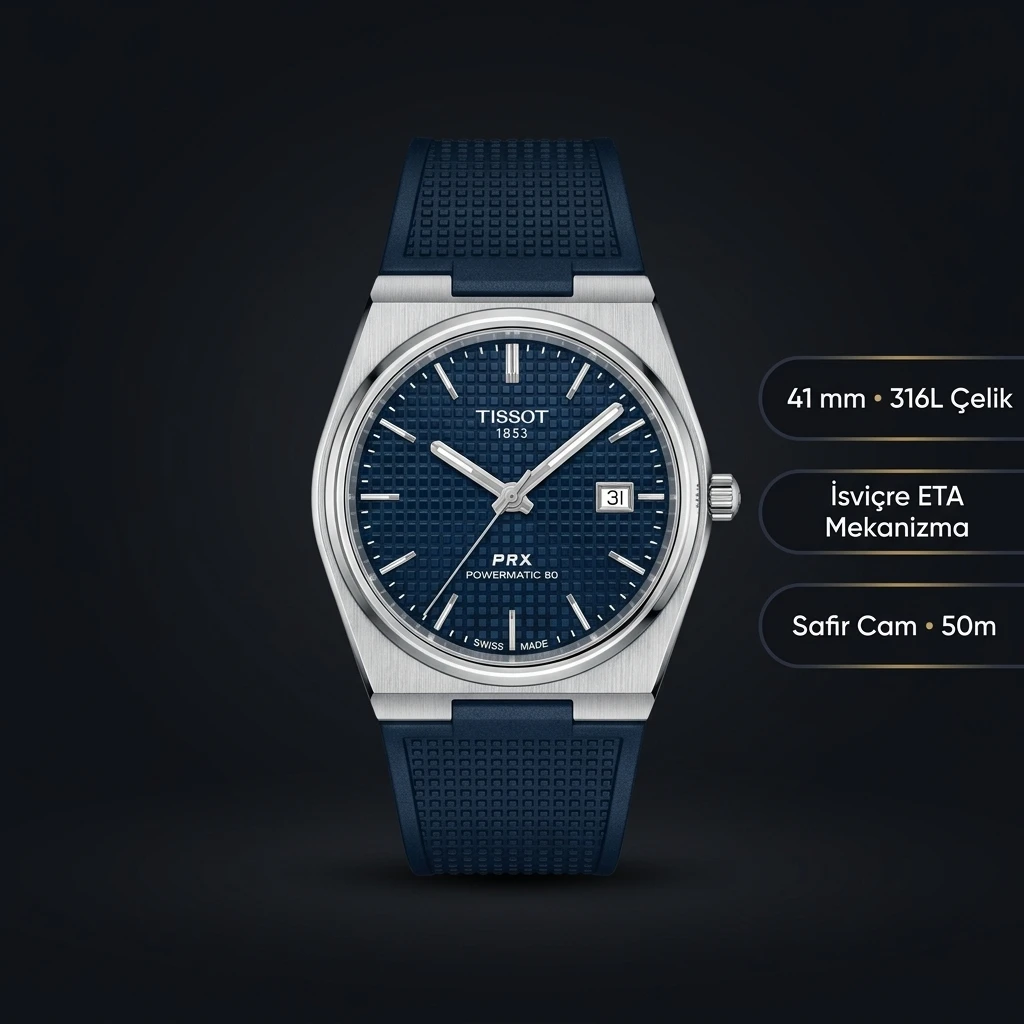 Tissot PRX Mavi Kadran Kauçuk Kordon Eta Saat
