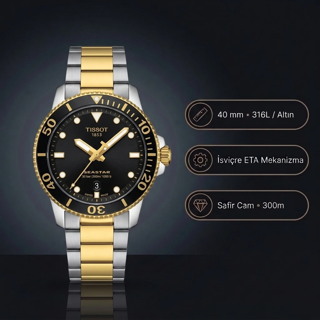 Tissot Seastar 1000 T120.410.22.051.00 Siyah Kadran Two Tone Sarı Altın Çelik Bilezik Super Clone ETA Saat