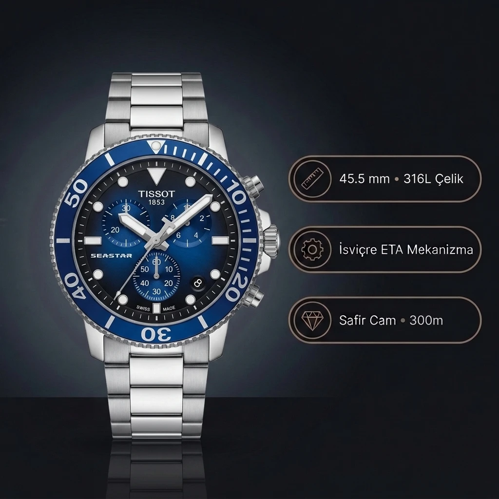Tissot Seastar 1000 T120.417.11.041.00 Mavi Bezel Mavi Degrade Kadran Kronograf Çelik Bilezik Super Clone ETA Saat