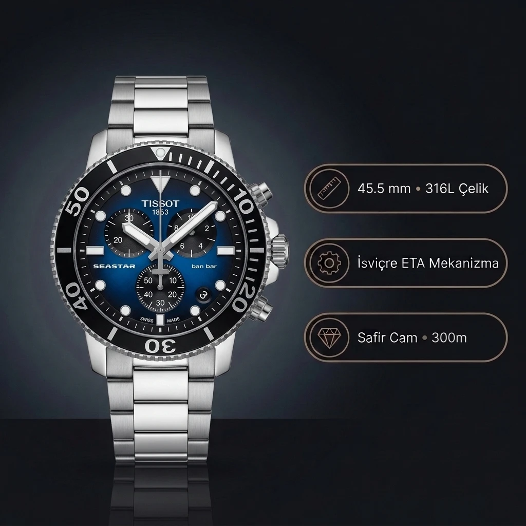 Tissot Seastar 1000 T120.417.11.041.01 Siyah Bezel Mavi Degrade Kadran Kronograf Çelik Bilezik Super Clone ETA Saat