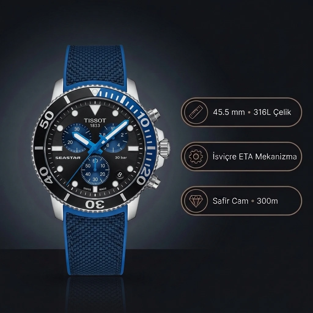 Tissot Seastar 1000 T120.417.17.051.03 Mavi Siyah Bezel Siyah Kadran Kronograf Mavi Kauçuk Super Clone ETA Saat