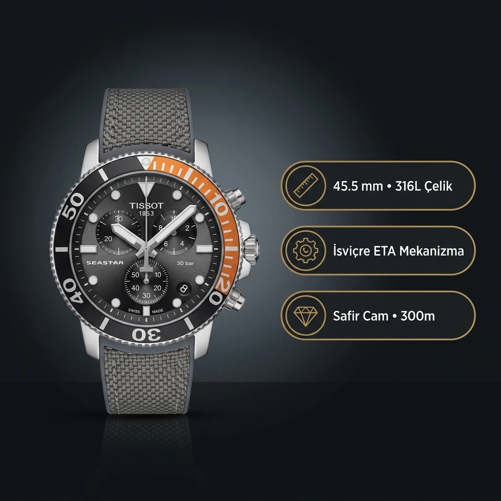 Tissot Seastar 1000 T120.417.17.081.01 Gri Siyah Kadran Kronograf Gri Tekstil Kauçuk Kordon Super Clone ETA Saat