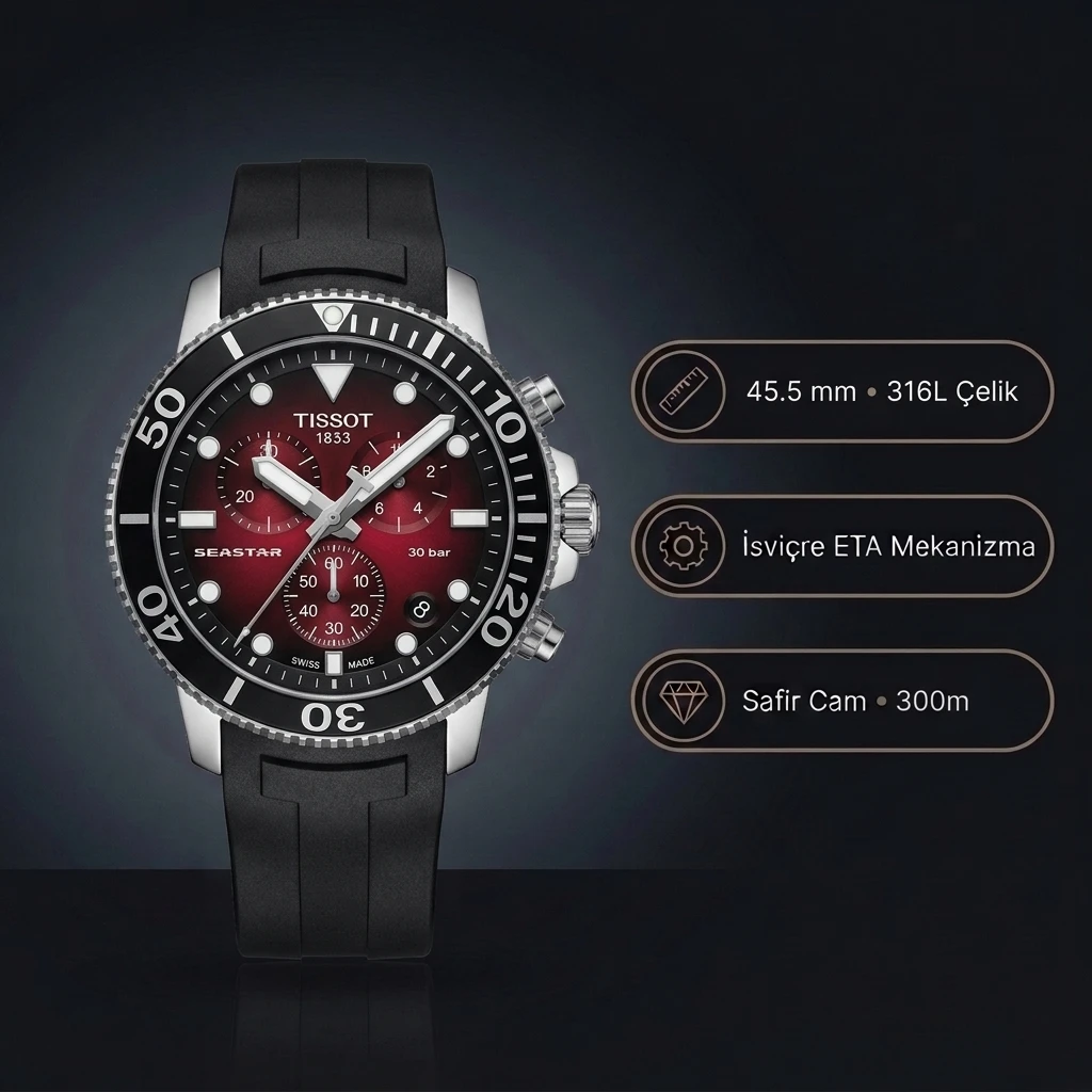 Tissot Seastar 1000 T120.417.17.421.00 Kırmızı Siyah Degrade Kadran Kronograf Siyah Kauçuk Super Clone ETA Saat