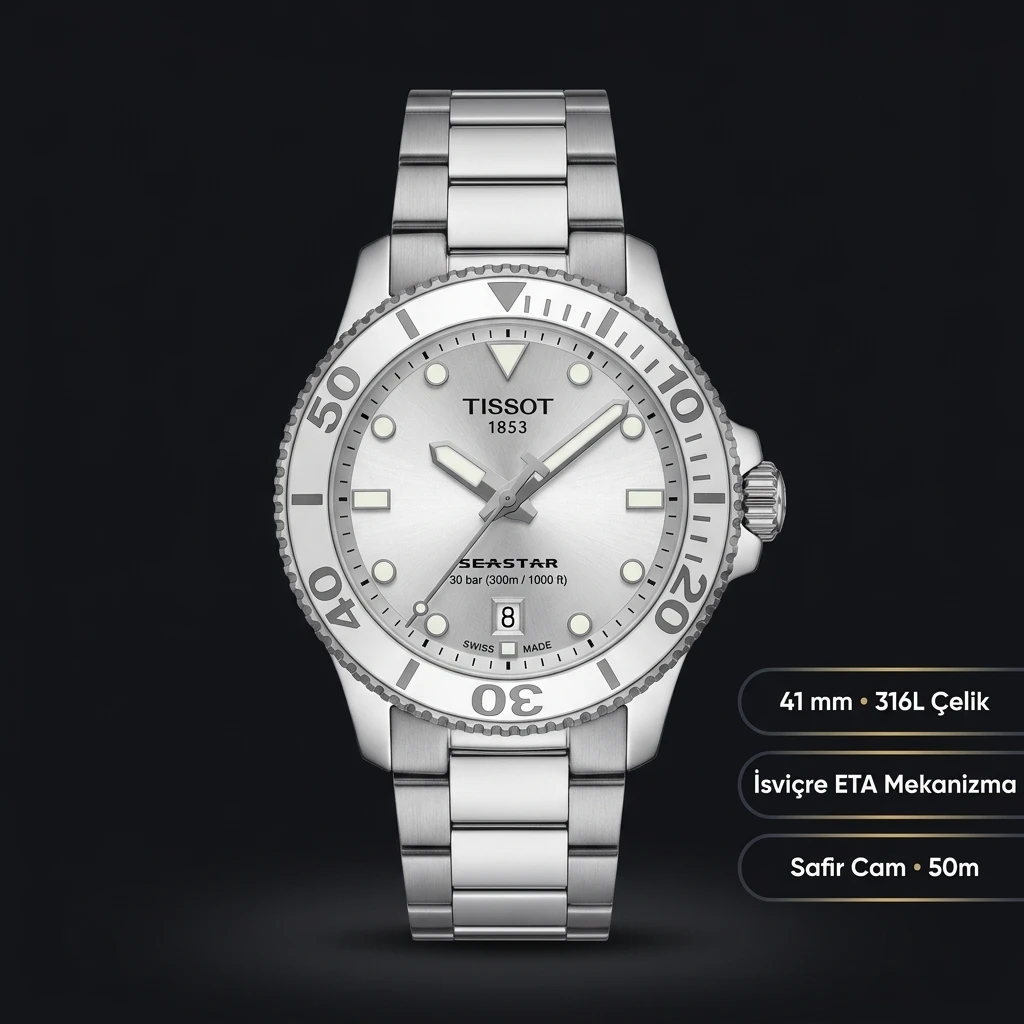 Tissot Seastar Beyaz Kadran Çelik Otomatik Eta Saat