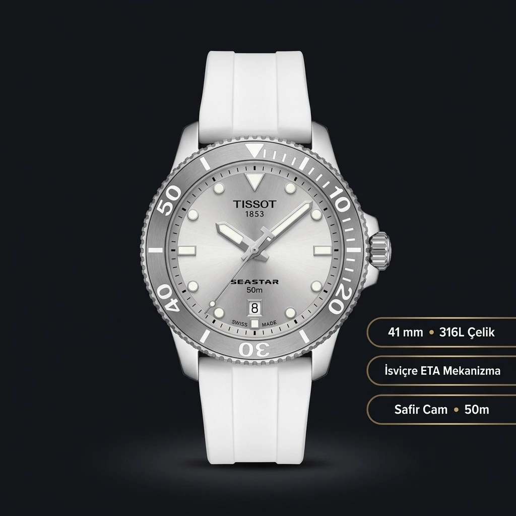 Tissot Seastar Gümüş Kadran Beyaz Kauçuk Kordon Eta Saat
