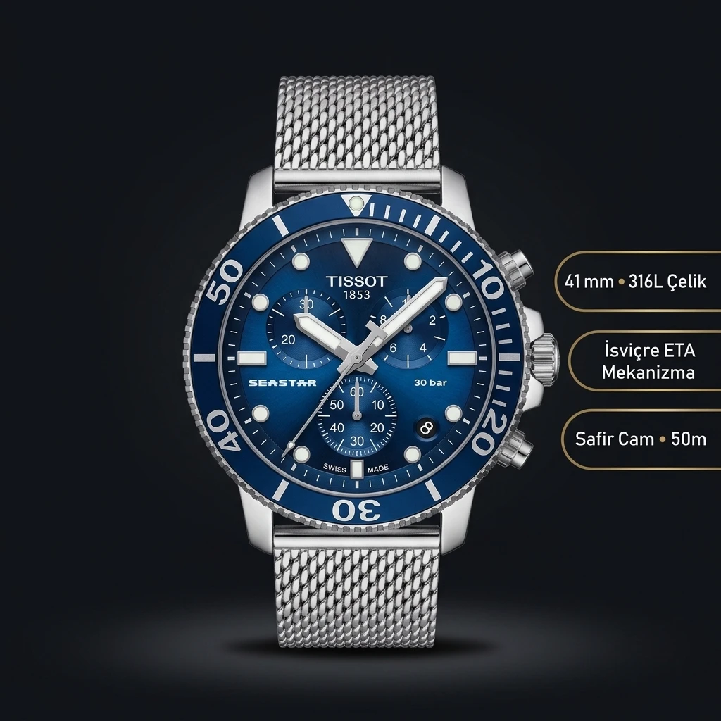 Tissot Seastar Mavi Chronograph Çelik Bileklik Eta Saat