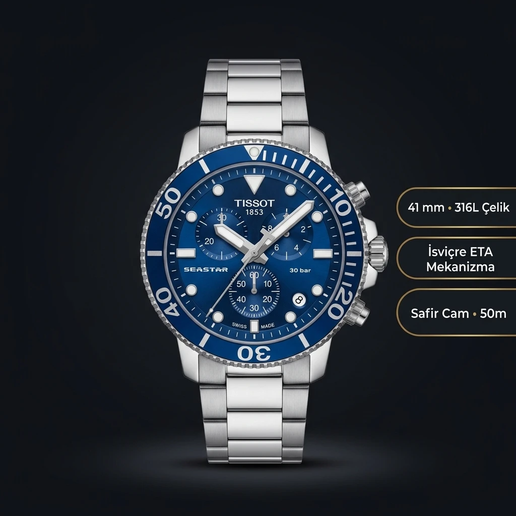 Tissot Seastar Mavi Chronograph Çelik Duz Eta Saat