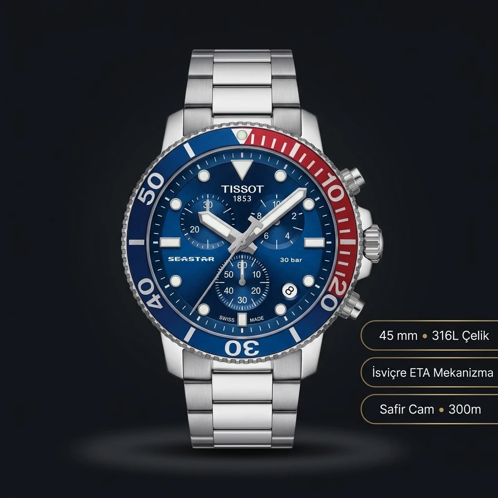 Tissot Seastar Mavi Chronograph Çelik Pepsi Bezel Eta Saat