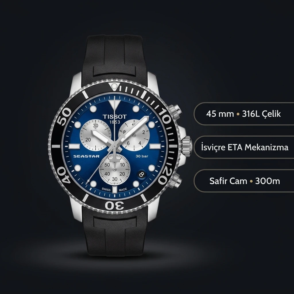 Tissot Seastar Mavi Chronograph Kauçuk Kordon Eta Saat