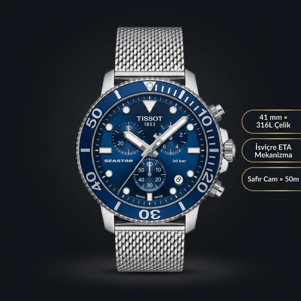 Tissot Seastar Mavi Kadran Çelik Otomatik Bileklik Eta Saat