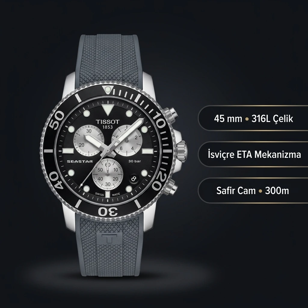 Tissot Seastar Siyah Chronograph Gri Kauçuk Kordon Eta Saat