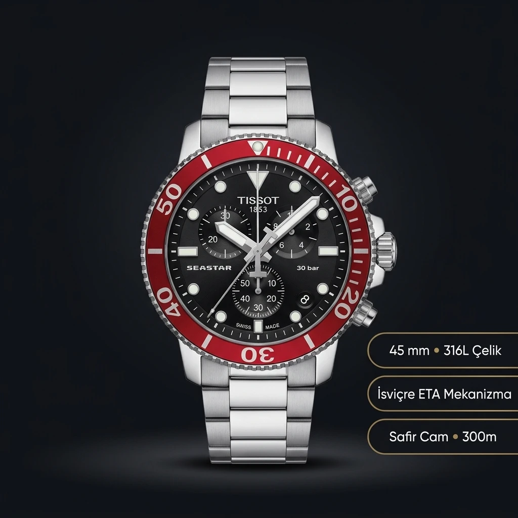 Tissot Seastar Siyah Chronograph Kırmızı Bezel Bileklik Eta Saat