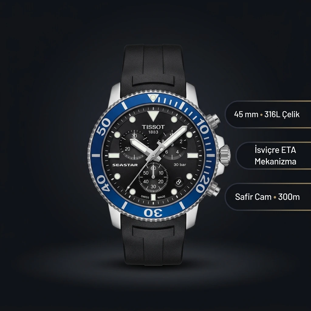 Tissot Seastar Siyah Chronograph Mavi Bezel Kauçuk Kordon Eta Saat