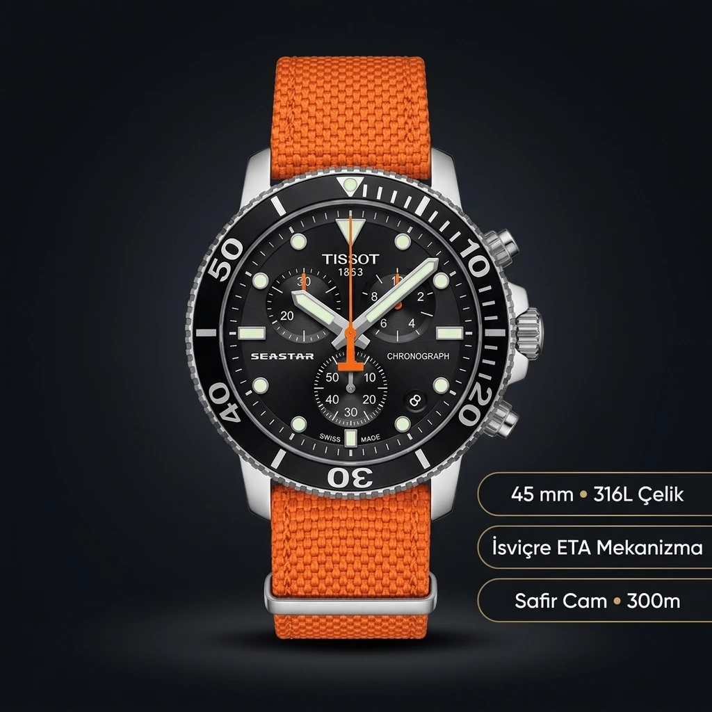 Tissot Seastar Siyah Chronograph Turuncu Hasır Kordon Eta Saat