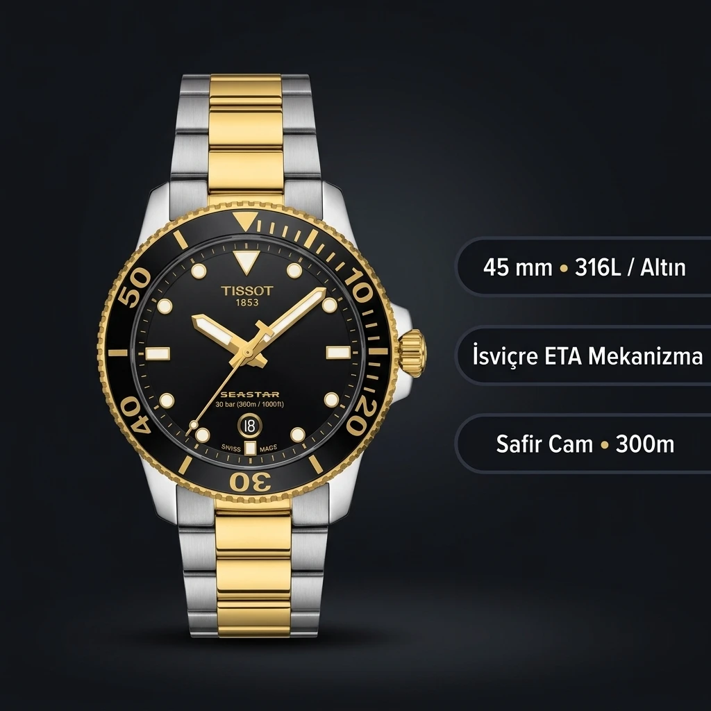 Tissot Seastar Siyah Kadran Altın Cift Renk Eta Saat