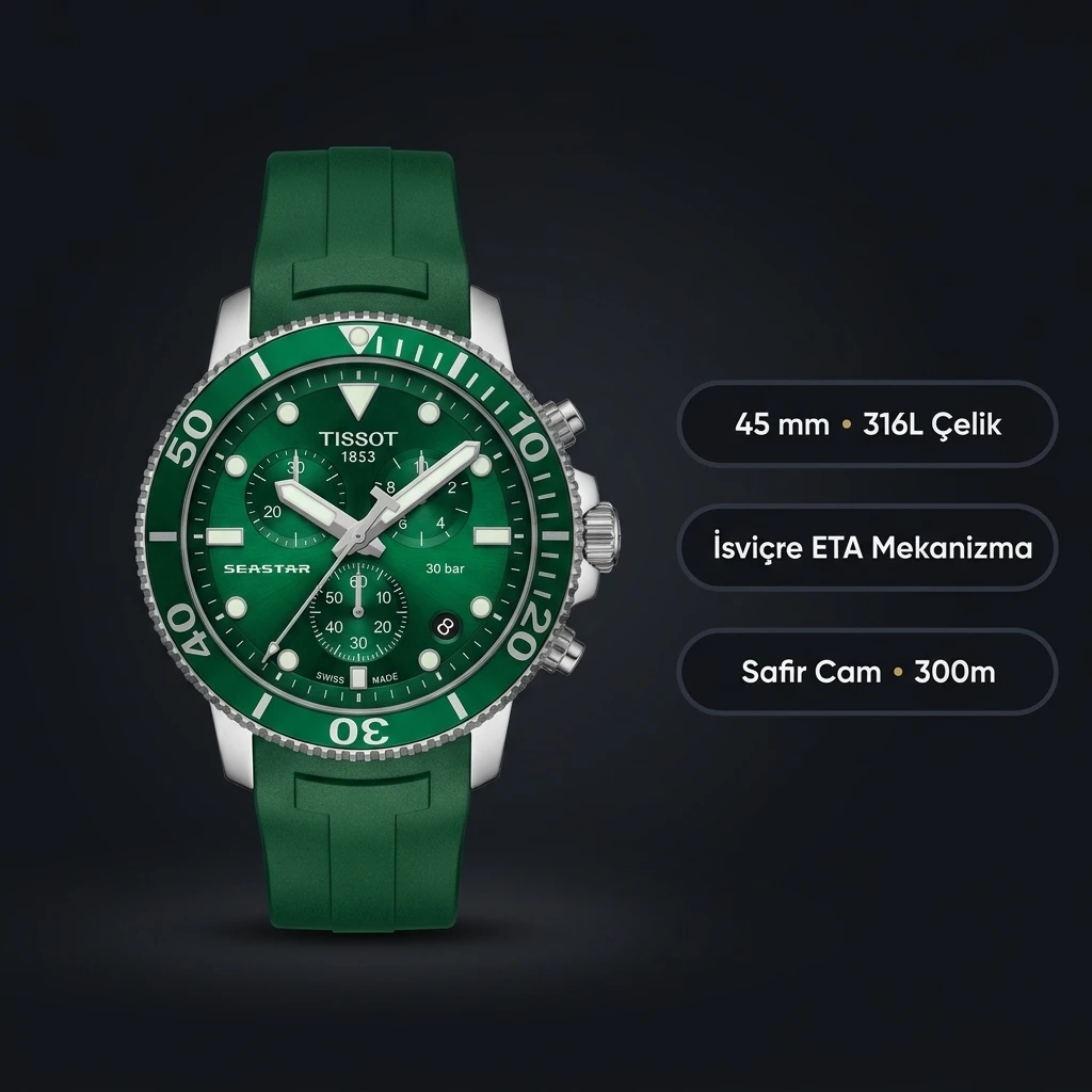 Tissot Seastar Yeşil Chronograph Kauçuk Kordon Eta Saat