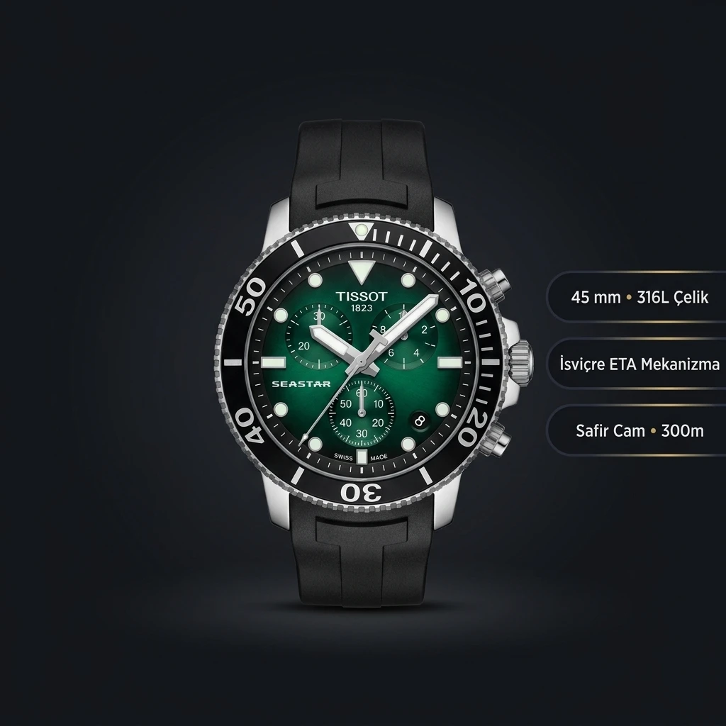 Tissot Seastar Yeşil Chronograph Kauçuk Kordon Siyah Eta Saat