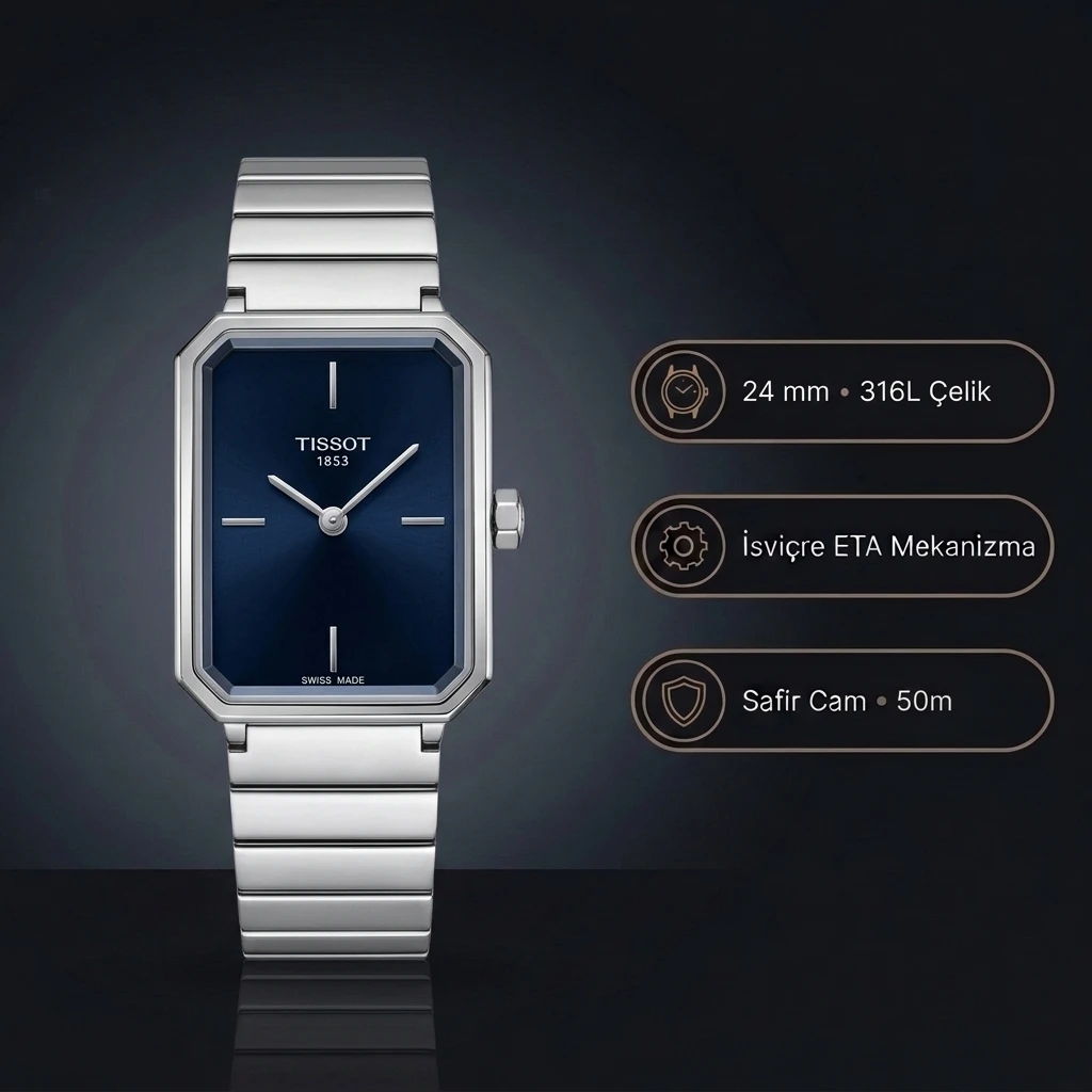 Tissot SRV Dikdörtgen T160.110.11.043.00 Lacivert Mavi Kadran Çelik Bilezik Bayan Super Clone ETA Saat