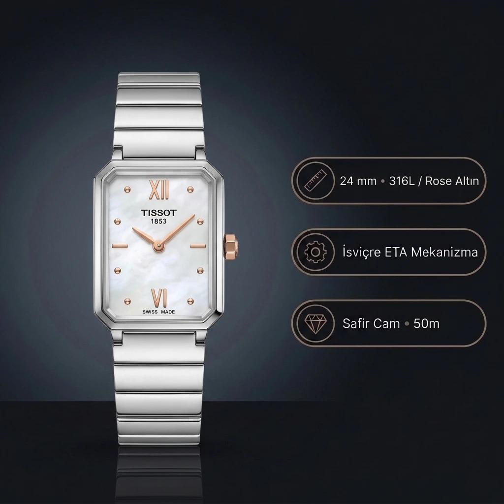 Tissot SRV Dikdörtgen T160.110.21.113.00 Sedef Kadran Rose Gold Detay Çelik Bilezik Bayan Super Clone ETA Saat