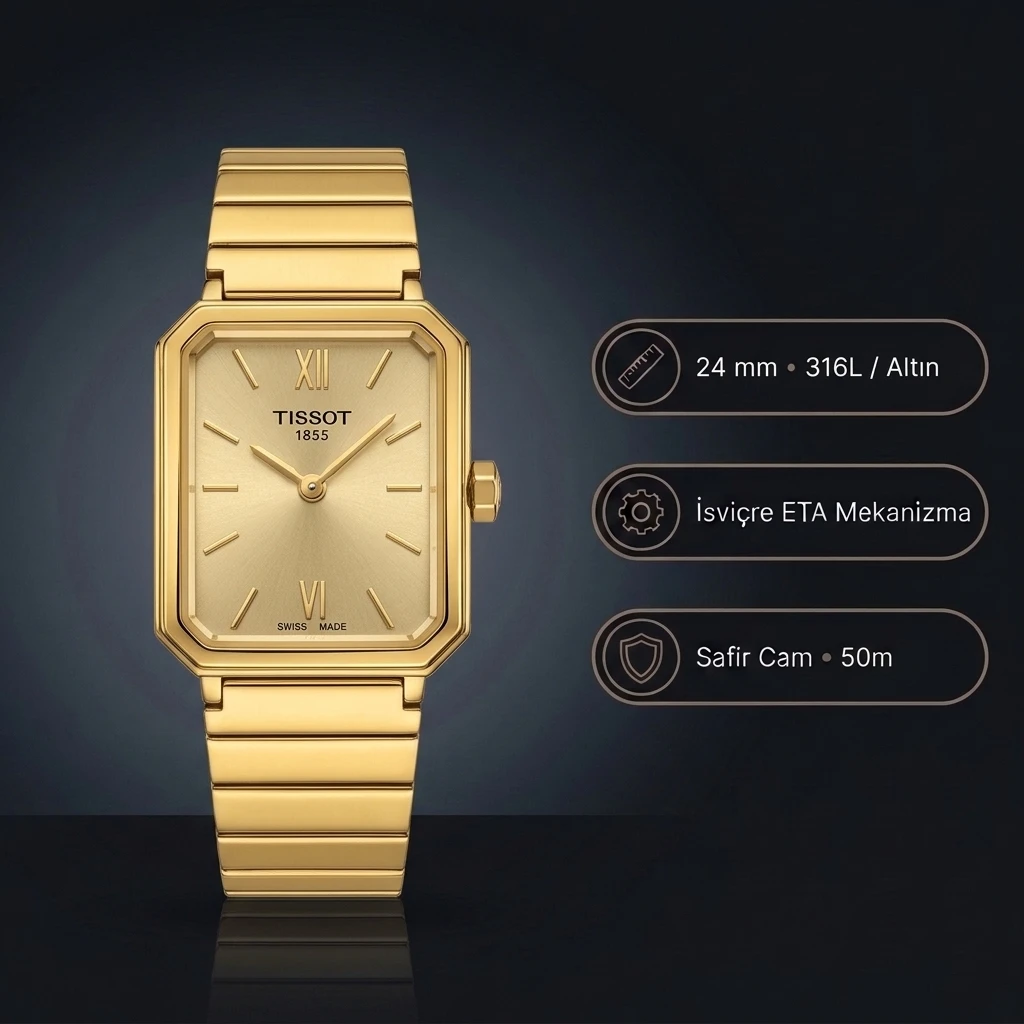 Tissot SRV Dikdörtgen T160.110.33.023.00 Şampanya Altın Kadran Sarı Altın Bilezik Bayan Super Clone ETA Saat