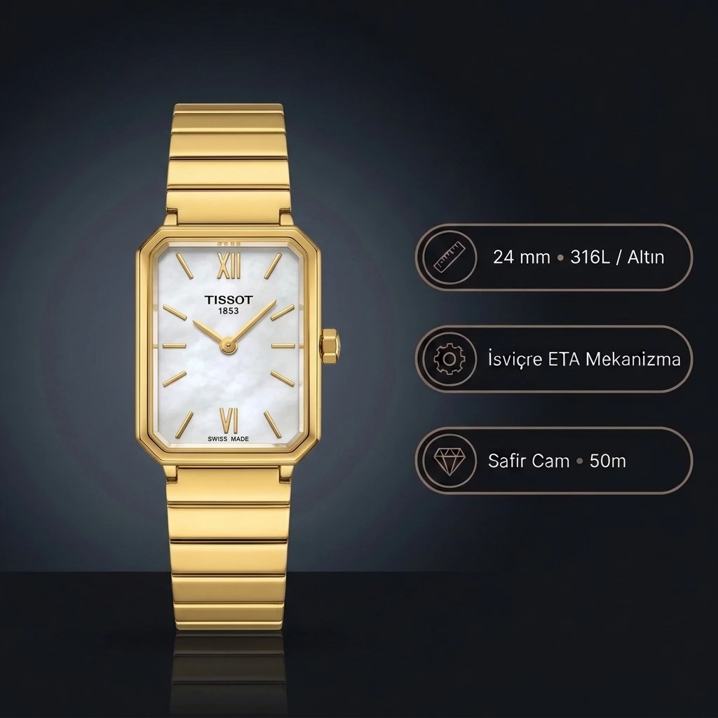 Tissot SRV Dikdörtgen T160.110.33.113.00 Beyaz Sedef Kadran Sarı Altın Bilezik Bayan Super Clone ETA Saat