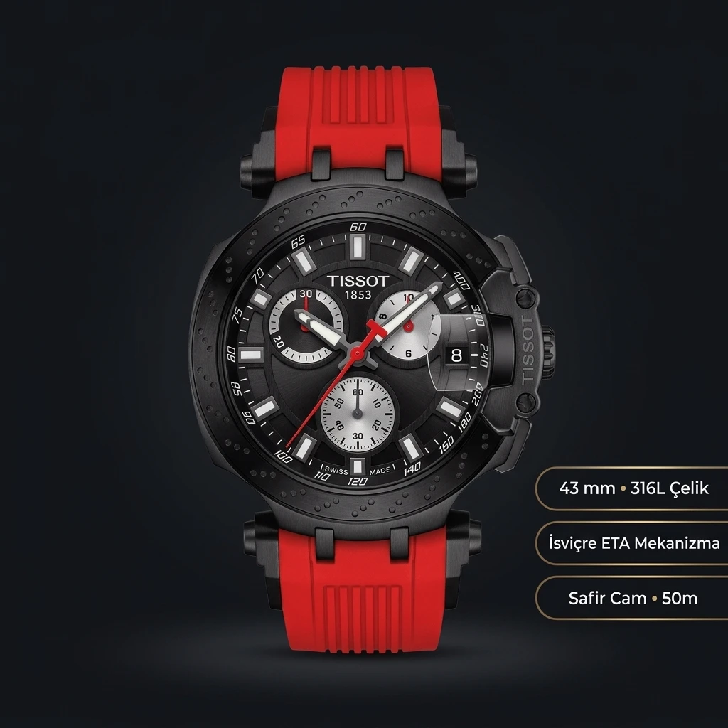 Tissot T-Race Siyah Chronograph Kauçuk Kordon Kırmızı Eta Saat