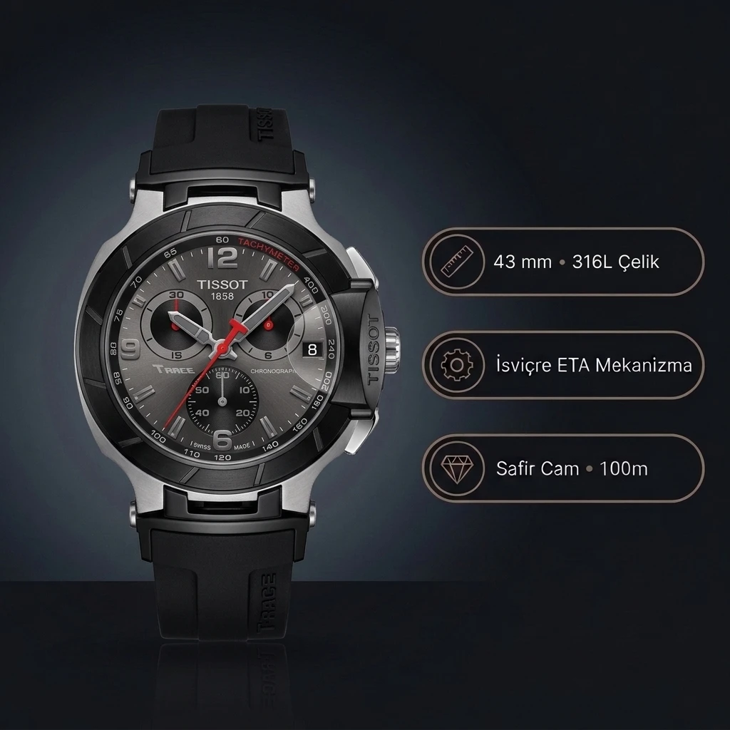 Tissot T-Race T115.417.27.061.00 Antrasit Gri Kadran Siyah Bezel Kronograf Siyah Kauçuk Super Clone ETA Saat