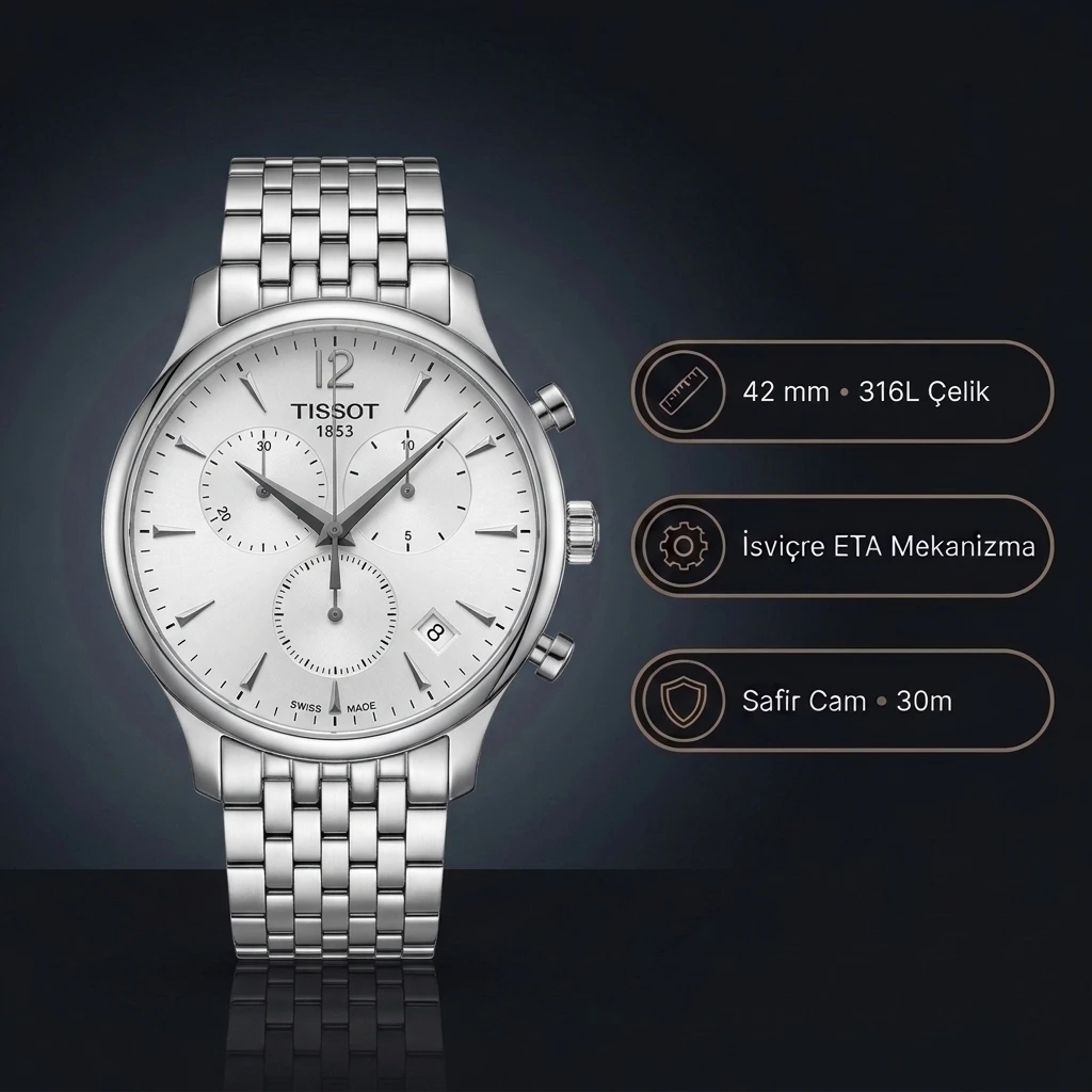 Tissot Tradition Chronograph T063.617.11.037.00 Gümüş Beyaz Kadran Çelik Bilezik Super Clone ETA Saat