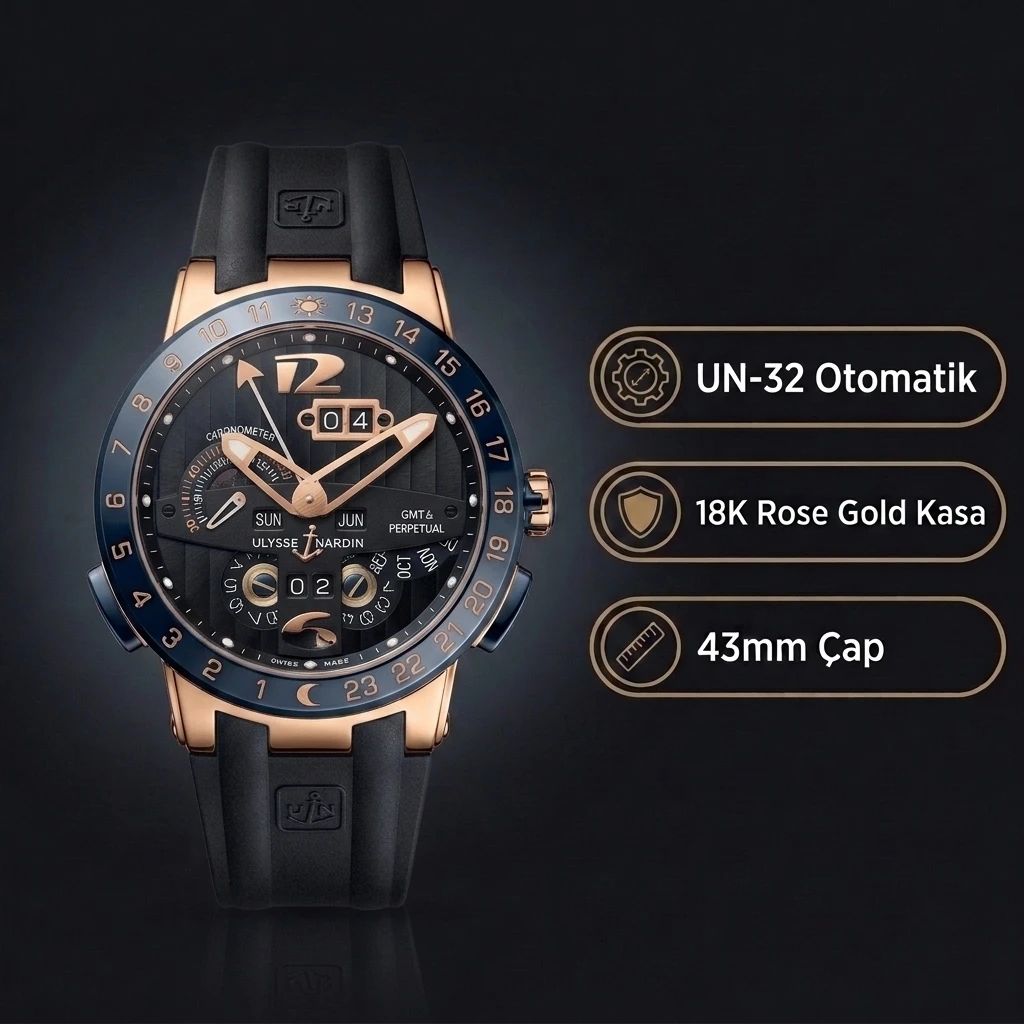 Ulysse Nardin El Toro GMT Perpetual Siyah Kadran Rose Gold Kauçuk Kordon 43mm Super Clone ETA Saat