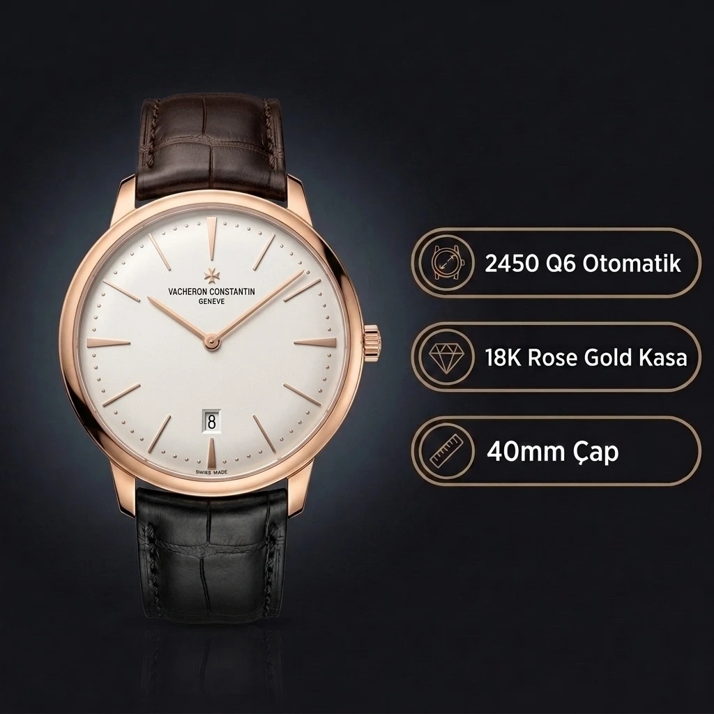 Vacheron Constantin 40 mm Patrimony Beyaz Kadran Rose Gold Deri Kordon Super Clone ETA Saat