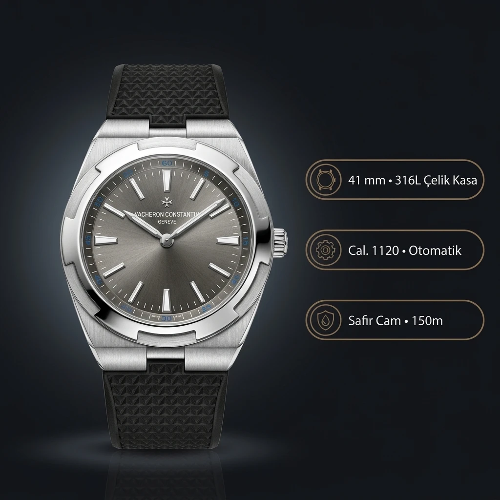 Vacheron Constantin 41 mm Overseas Gri Kadran Siyah Kauçuk Kordon Super Clone ETA Saat